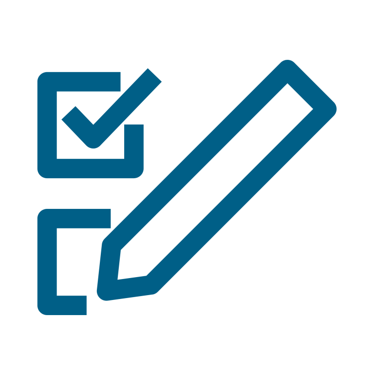 Icon featuring a checklist with a tick and a pencil, symbolising task completion and editing.