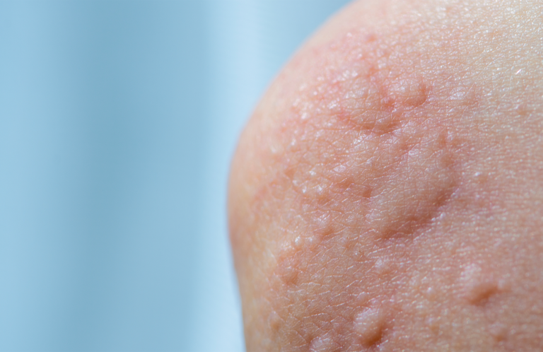 Acute Management of Anaphylaxis Close-up of skin showing raised bumps and a reddish hue.