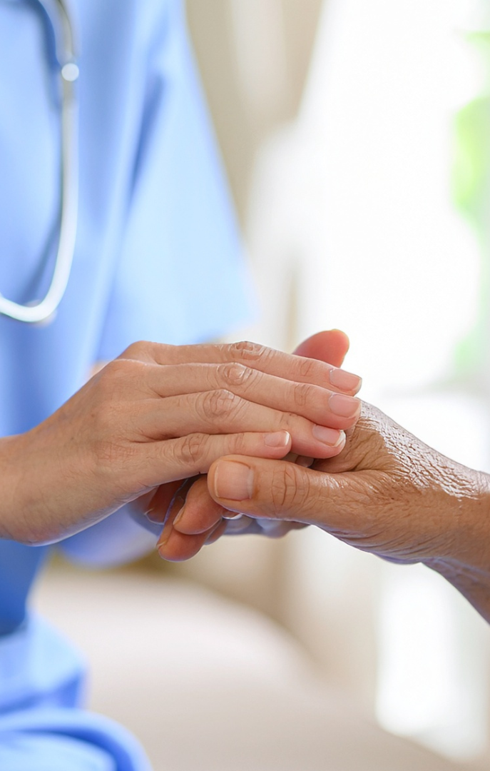 A healthcare professional gently holding a patient’s hand in a caring gesture.