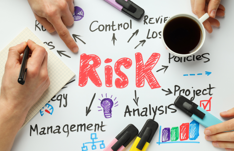 Clinical Risk Assessment and Management Hands writing around a table with a coffee cup, focusing on a "Risk" mind map.