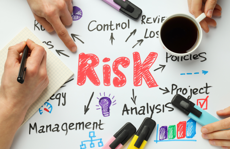 Clinical Risk Assessment and Management Hands pointing at a central "Risk" surrounded by related concepts and a cup of coffee.