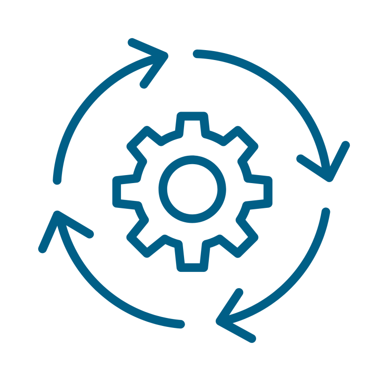 Circular arrows surrounding a gear, symbolising processes or continuous improvement.