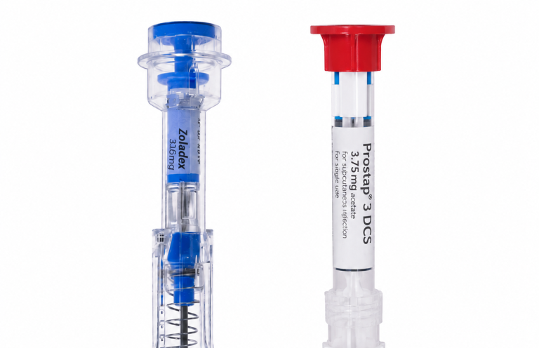 Zoladex and Prostap Administration Two medical syringes: one with a blue cap and the other with a red cap, both labelled.