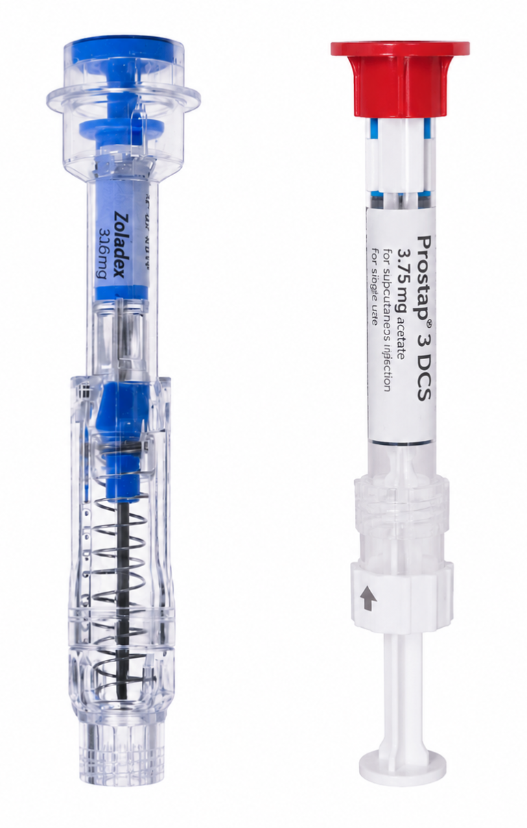Zoladex and Prostap Injection Pens Two types of medical syringes with different coloured tops for medication administration.