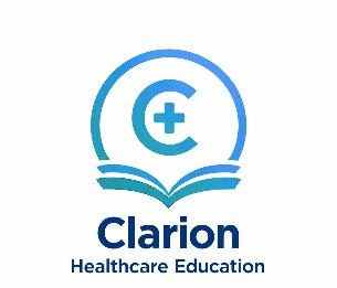 Logo for Clarion Healthcare Education featuring a book and medical cross symbol.