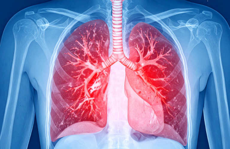 Anatomical illustration of human lungs, highlighting airways and blood vessels.