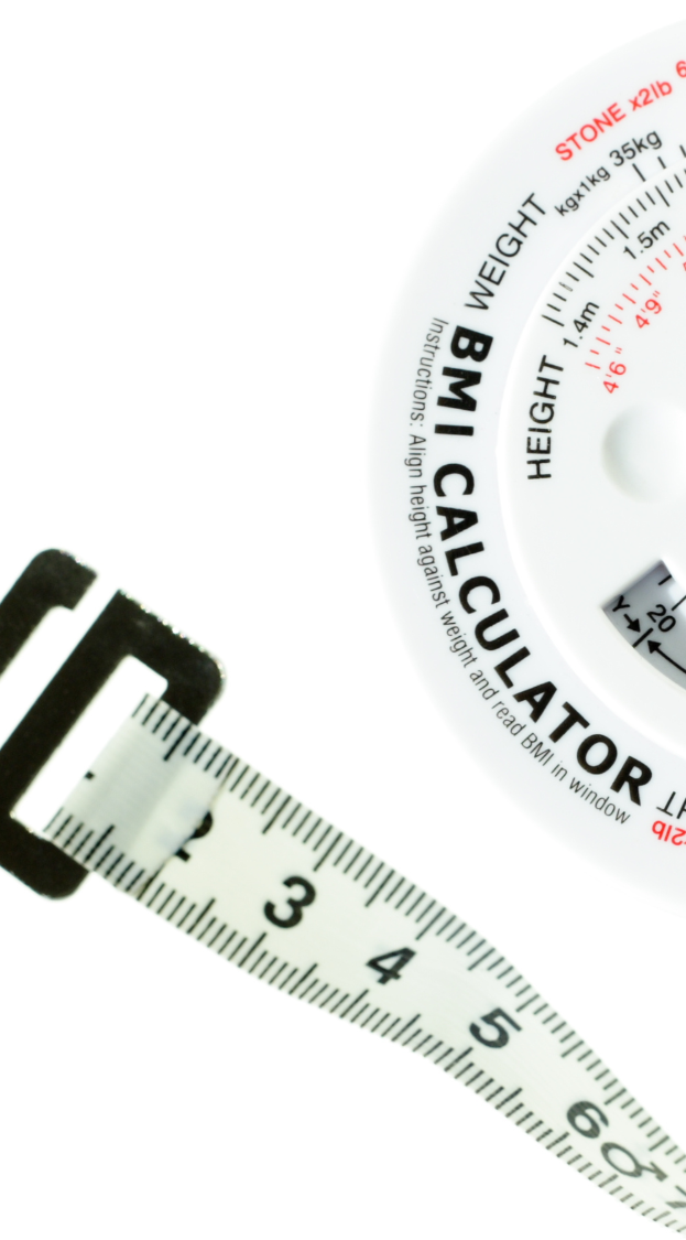 Weight, Height, BMI and Waist Measurement Training BMI calculator with a measuring tape and dial for weight assessment.