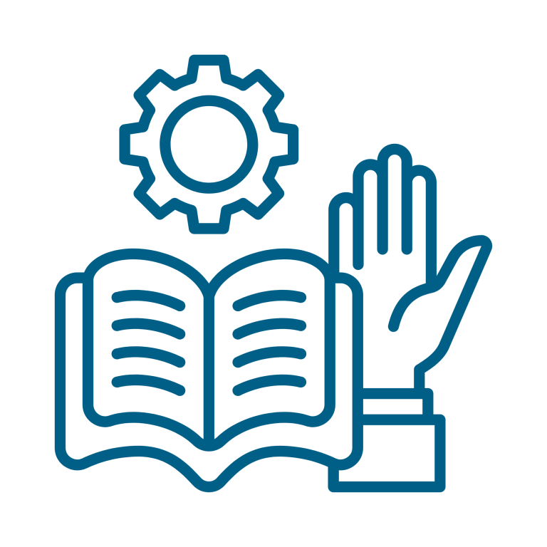 An open book with a hand raised and a gear above it, symbolising learning and innovation.